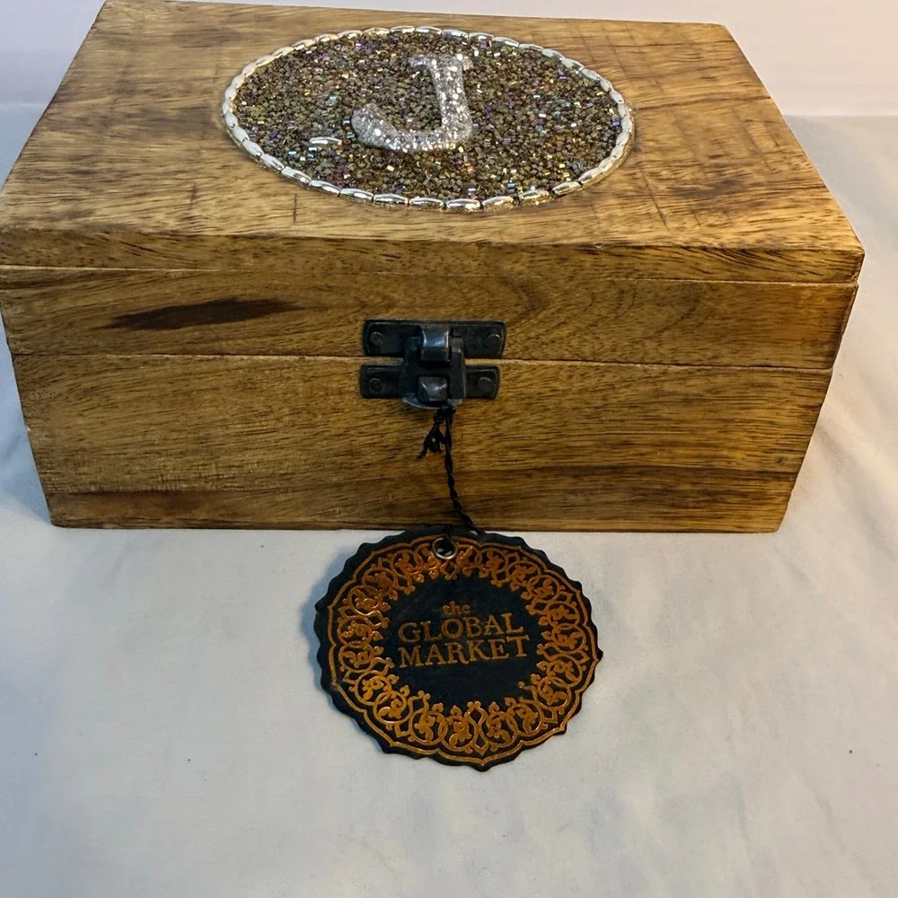 Home Essentials The Global Market Wooden Trinket Box Beaded Initial J Keepsake